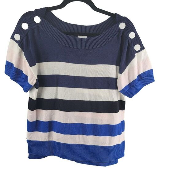 Cabi Blue Sweater Short Sleeve Stripe Buttons Small Sailor Navy White Stripes - Picture 3 of 5